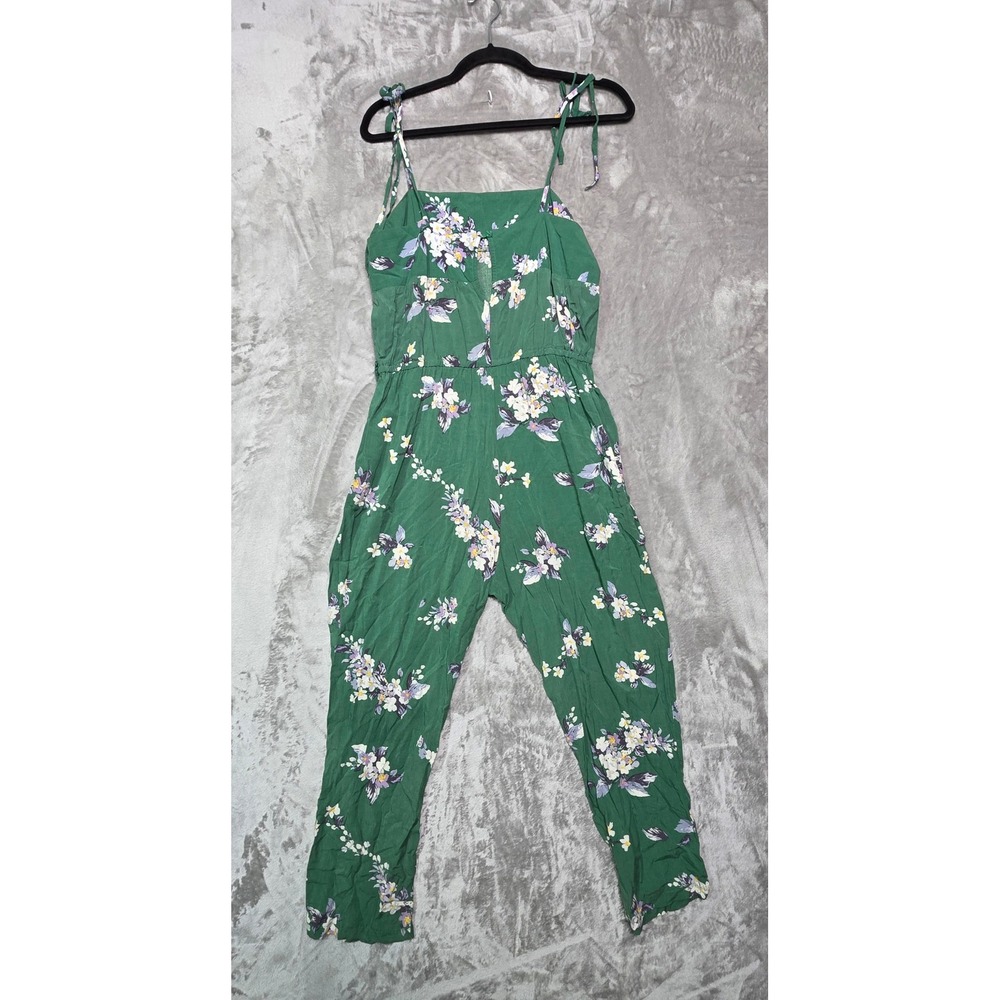 Jase Green Floral Tie Shoulder Jumpsuit Medium Elastic Waist Pockets - Picture 3 of 8